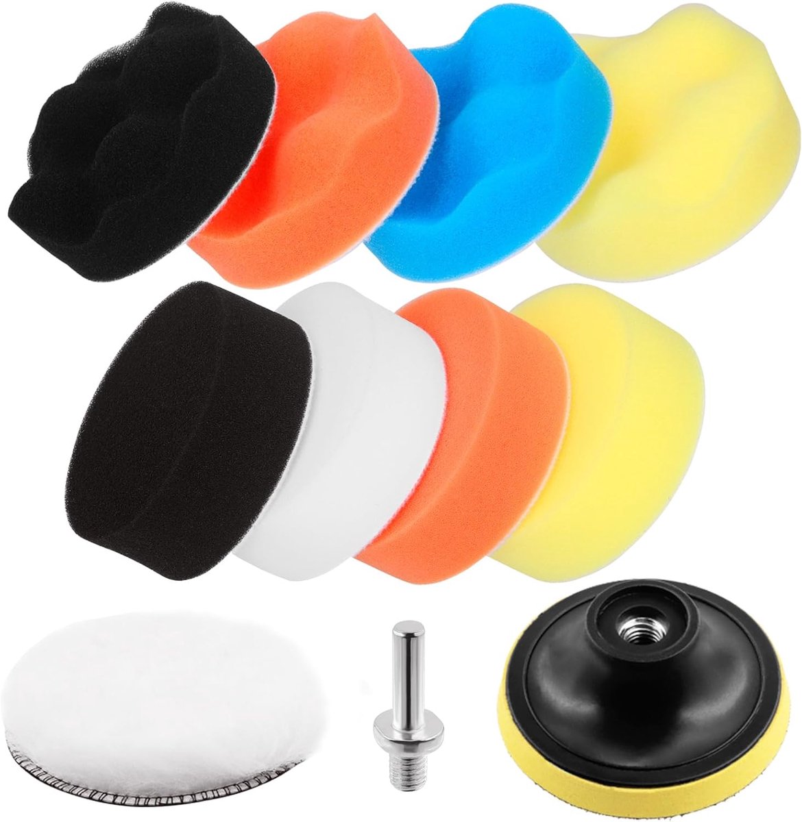 SnelShoppen - 11 Delige Auto Polijst Pad Set met 7.5 cm Spons, Wol, M10 Boor Adapter, 5 Kleuren voor Auto Poetsen, Wassen, Glanzen en Beschermen
