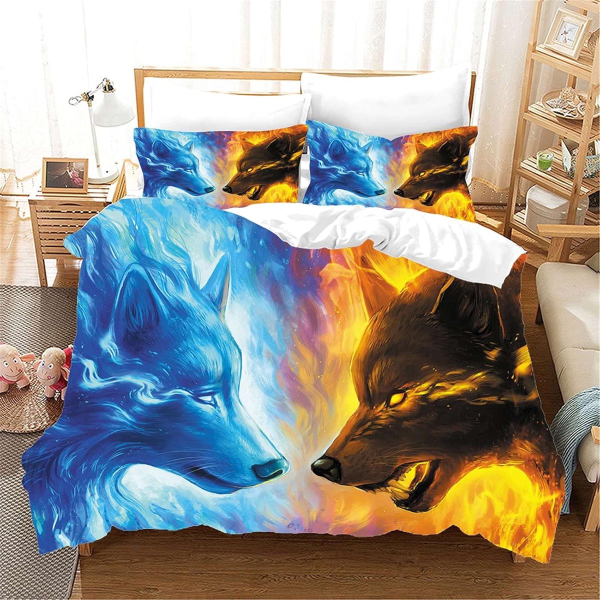 SnelShoppen - Wolf 3D Dier Motief Dekbedovertrek Set 3-delig, Microvezel, 220 x 240 cm, met Rits, Unieke Print voor Slaapkamer en Kinderen