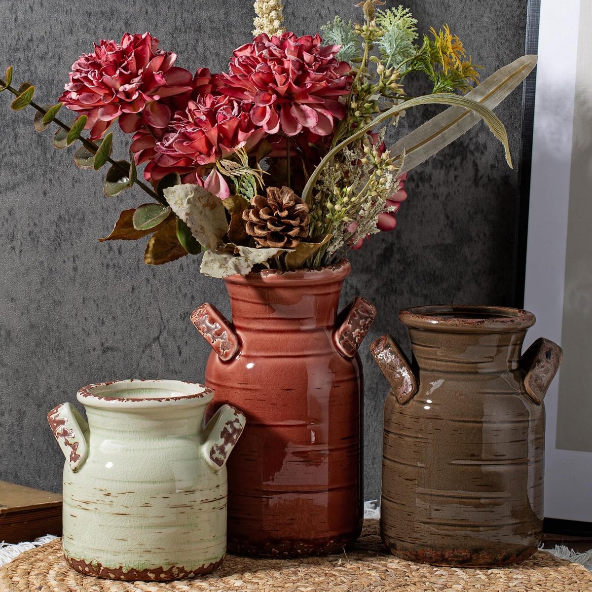SnelShoppen - Set van 3 keramische vazen met 2 handvatten, bruin neutraal rustiek modern farmhouse boho decoratie, veelzijdig als tafel centerpiece of