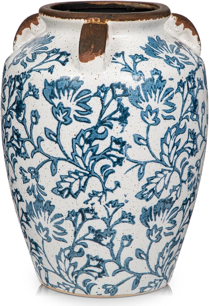 SnelShoppen - Vintage Ronde Keramische Vazen met Geschilderde Bladeren en Bloemen - 9,3 Inch Decoratieve Potten voor Boerderij en Cottage Stijl - Set