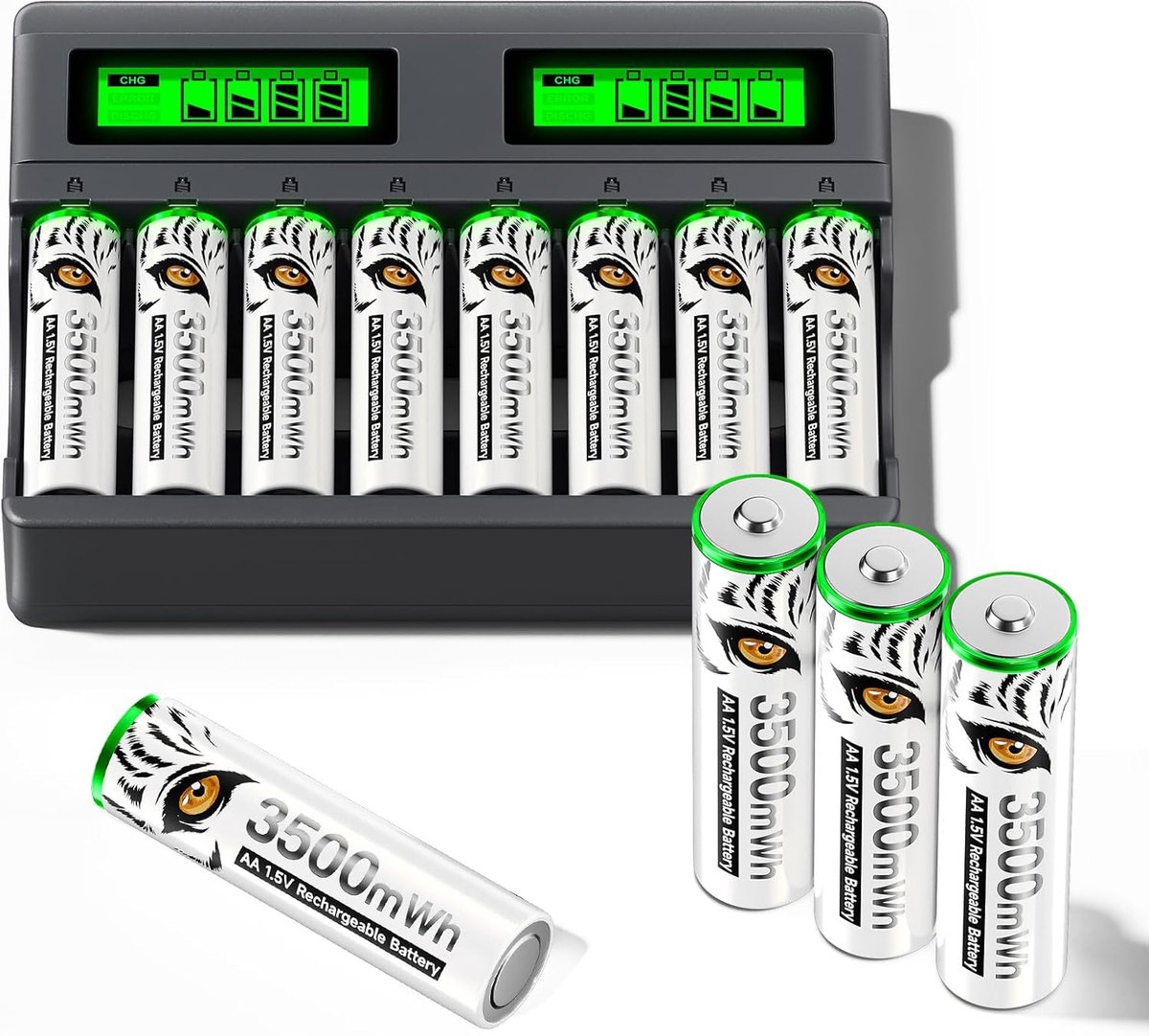 SnelShoppen - Oplaadbare 1,5 V AA Lithiumbatterijen met Snellader - 3600 mWh Capaciteit, 8 Slots USB Type-C, LCD Display, Ideaal voor Elektronische Ap