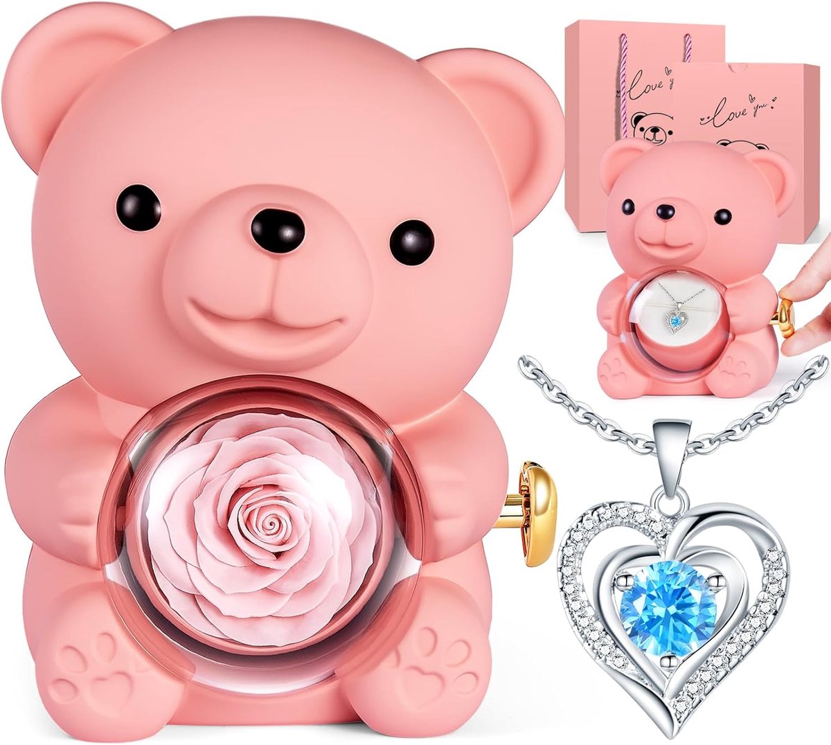 SnelShoppen - Teddy Beer met Eeuwige Roos en Ketting, Rozen Beer Verjaardagscadeau voor Vriendin of Moeder, Persoonlijk Valentijnscadeau, Moederdag (R