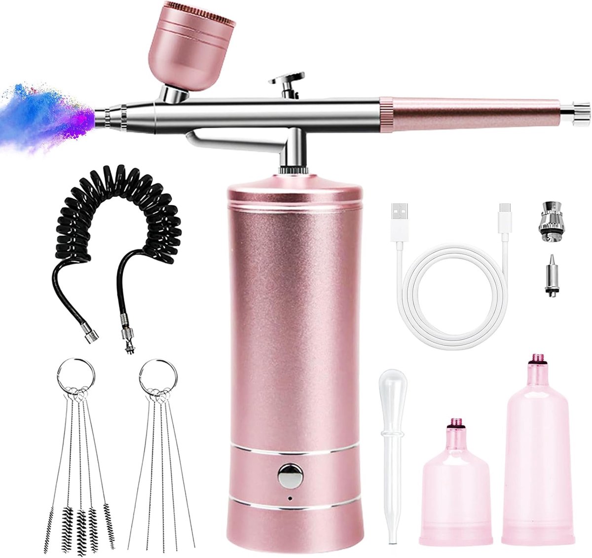 SnelShoppen - Airbrush Set met Compressor, Draagbare USB Oplaadbare Dubbel Actie Airbrush Kit voor Nagels, Model Kleuren, Tattoo's, Kleurenset - Roze