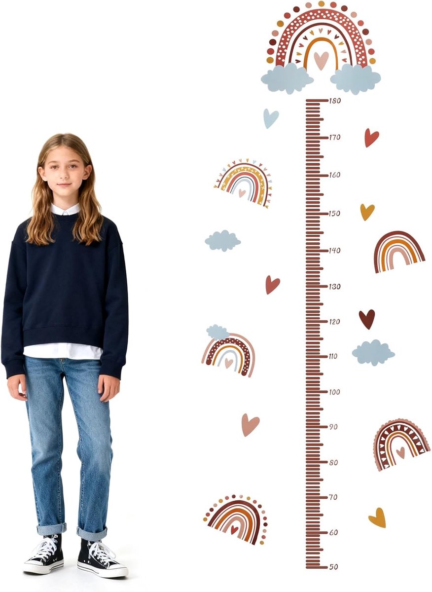 SnelShoppen - 3D Rainbow Maatstreep Wandstickers voor Kinderkamer, Meetlat voor Baby en Kinderen, Wanddecoratie Tot 180cm, Kleurrijk en Vrolijk
