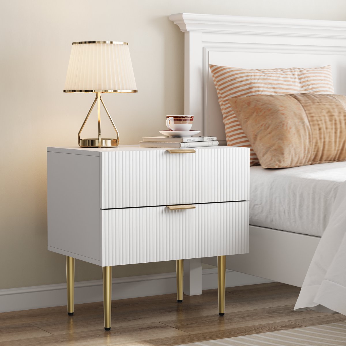 COVREO Nachtkastje 53 x 41,5 x 52,5 cm - wit, MDF en spaanplaat, 2 lades