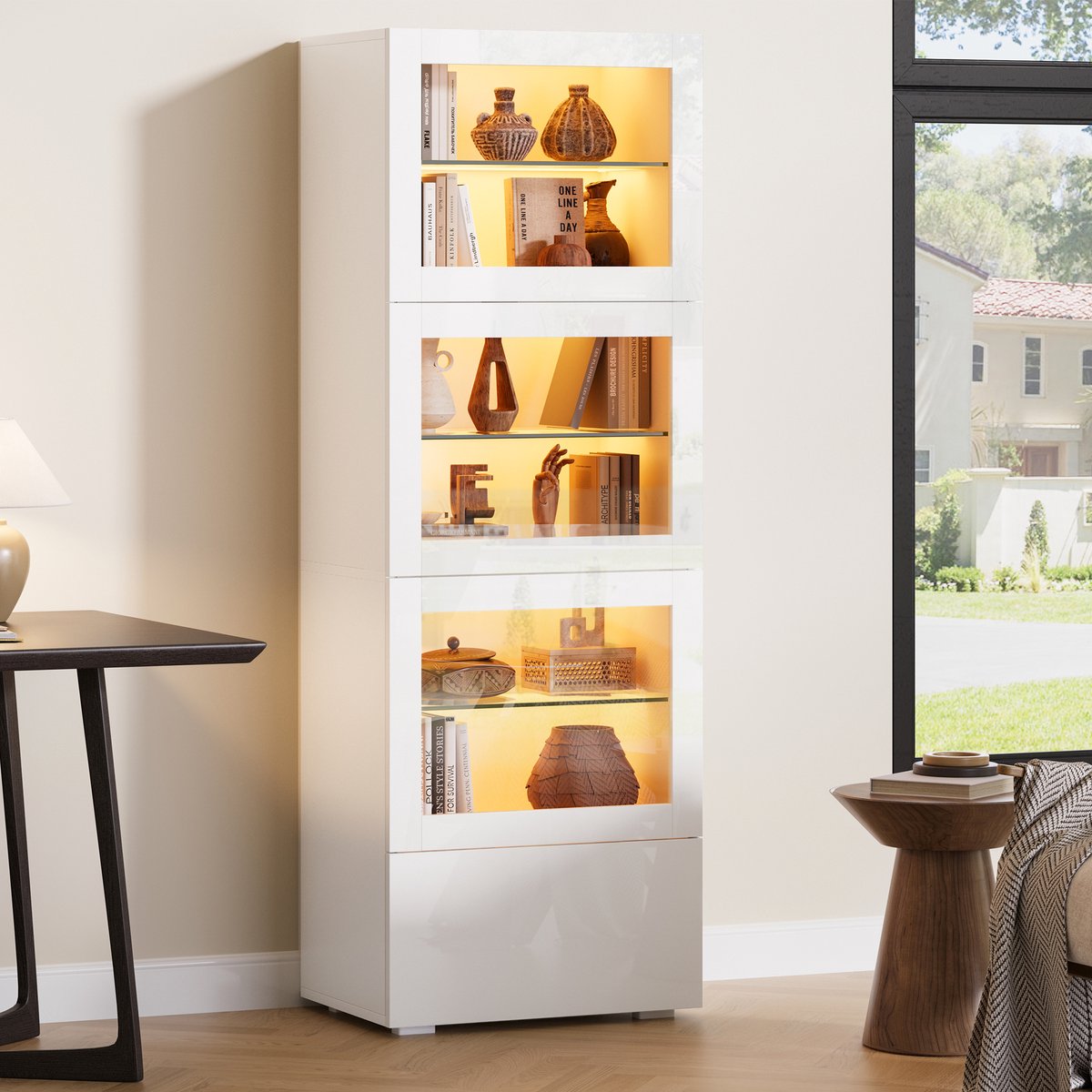 COVREO Vitrinekast 60x40x173 cm wit MDF met LED-verlichting, 3 deuren en 1 lade