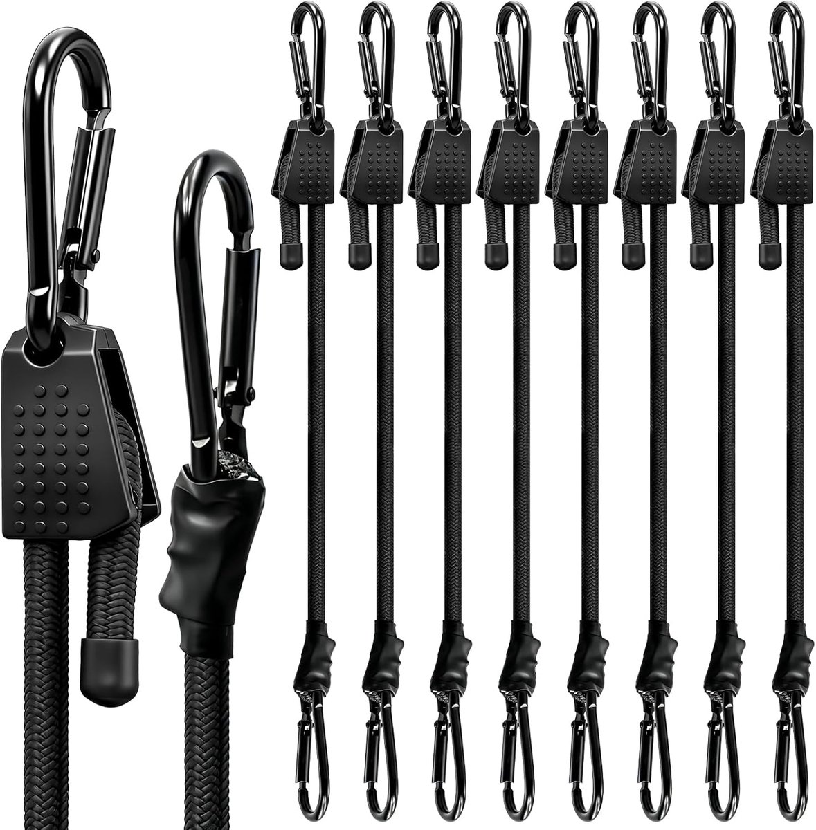 SnelShoppen - Set van 8 Verstelbare Bungee Straps met Karabijnhaak - Zwart - 30/60/100 cm - Extra Sterke Latex Rubber Tensioners voor Luggage, Camping