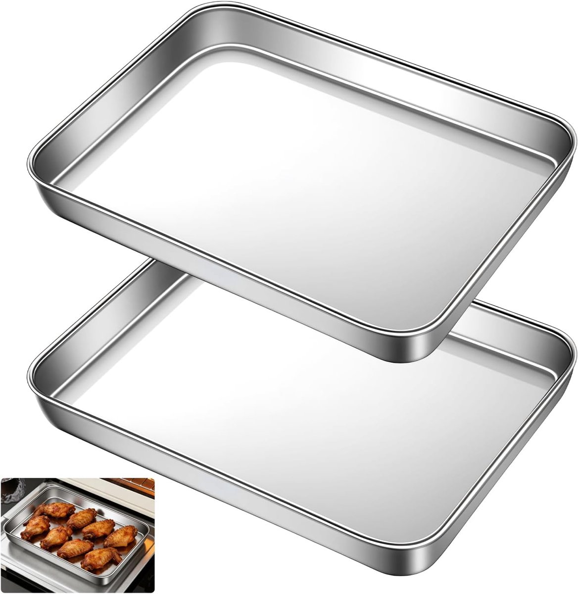 SnelShoppen - 2 Stuks RVS Bakplaat 23 x 17 x 2.5 cm, Hoge Kwaliteit, Antiaanbaklaag, Rechthoekig, Keuken, Bakken, Vaatwasserbestendig