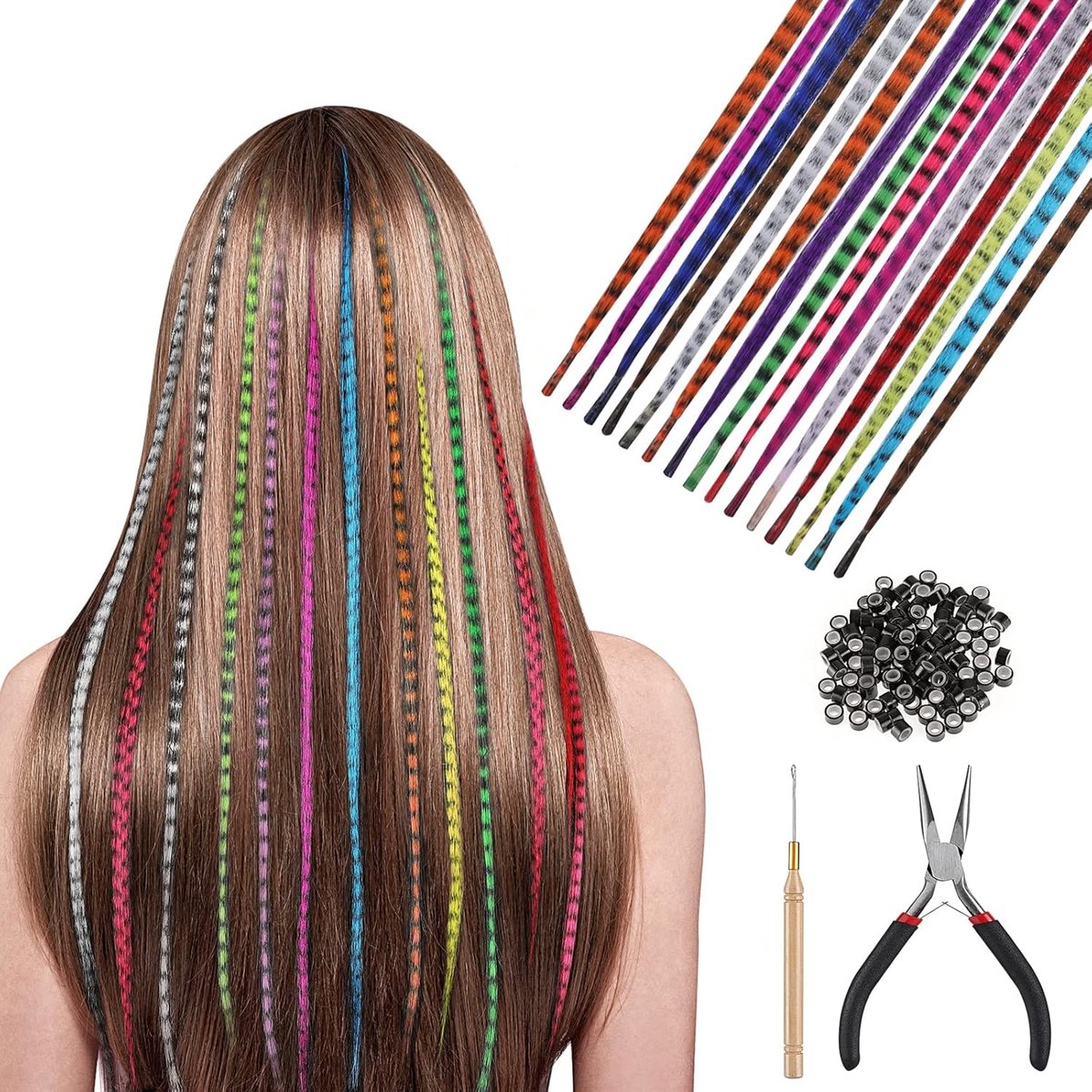 SnelShoppen - Kleurrijke Haar Extension Set 25 Stukken voor Kinderen - Sintetische Haarstrengen, Clip-in Haarstukjes, Feestaccessoires voor Ponytails