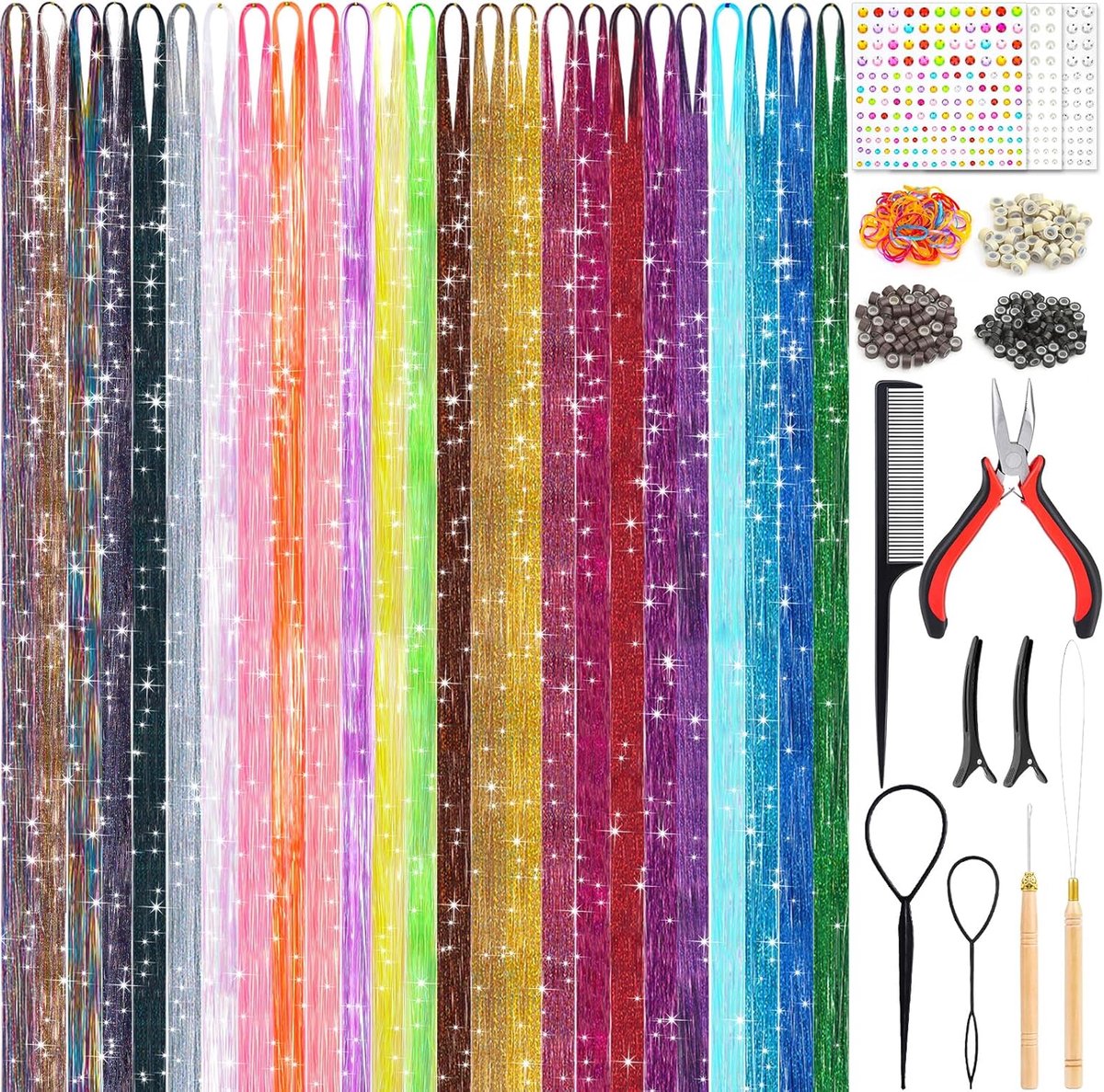 SnelShoppen - Lametta Haar Extensions 25 Stuks met Tool Set - 5000 Glitter Strengen 122 cm - Hittebestendige en Veilig voor Kerst, Halloween, Nieuwjaa