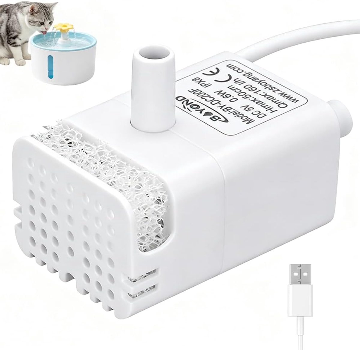 SnelShoppen - Kattenfonteinpomp USB, 200 l/u, Energiebesparende Waterpomp 1W voor Huisdieren, Reservepomp voor Kattenfontein en Aquaria