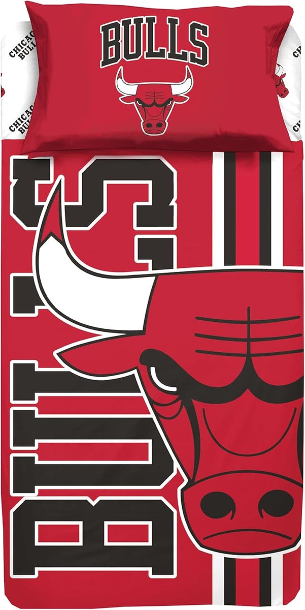 SnelShoppen - NBA Single Bed Set - 100% Katoen Fitted Sheet, Flat Sheet & Kussensloop - Officiële NBA Design - Perfect voor Basketball Fans - Bulls Th