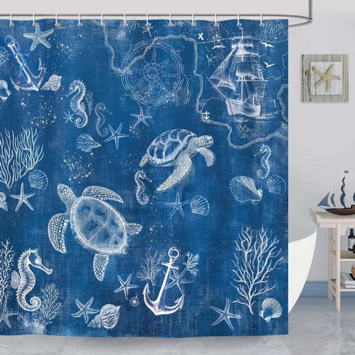 Zeeschildpad Douchegordijn - Maritiem Design - Waterdicht en Schimmelwerend - 180x180cm
