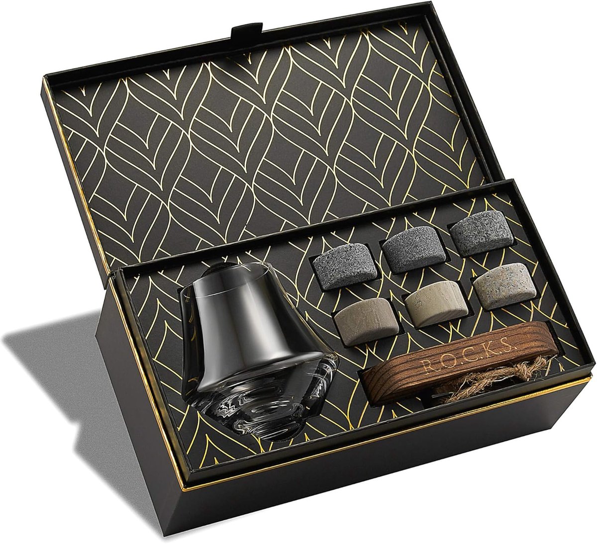 SnelShoppen - Whisky Stones & Nosing Glass Set - 6 Handgemaakte Granieten Koelstenen - Kristallen Whisky Glas - Houten Presentatietray - Perfect cadea