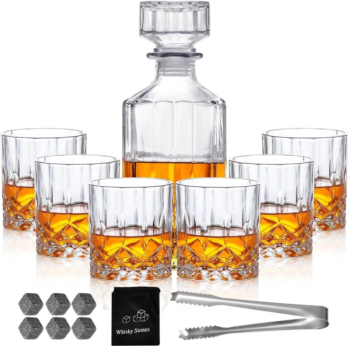 SnelShoppen - Whiskey Decanter Set voor Mannen met 6 Whisky Glazen, 6 Koelende Whisky Stenen en 1 Lead Free Whisky Decanter - Perfect voor Whiskey, Bo
