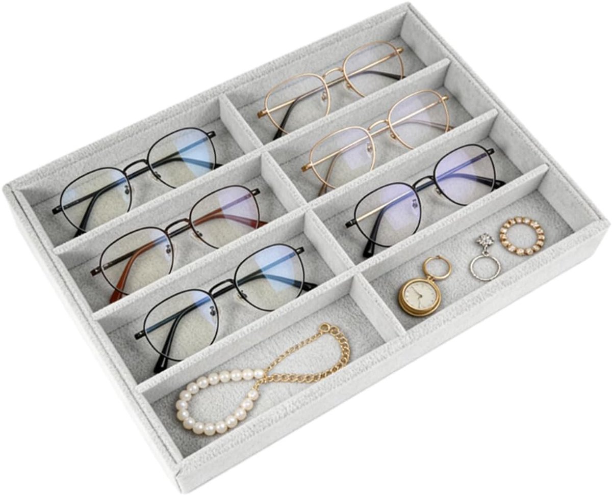 SnelShoppen - Luxe Velvet Zonnebril Organizer met 8 Vakken - Houten Brilopberger in Grijs - Perfect voor Familie en Thuisgebruik