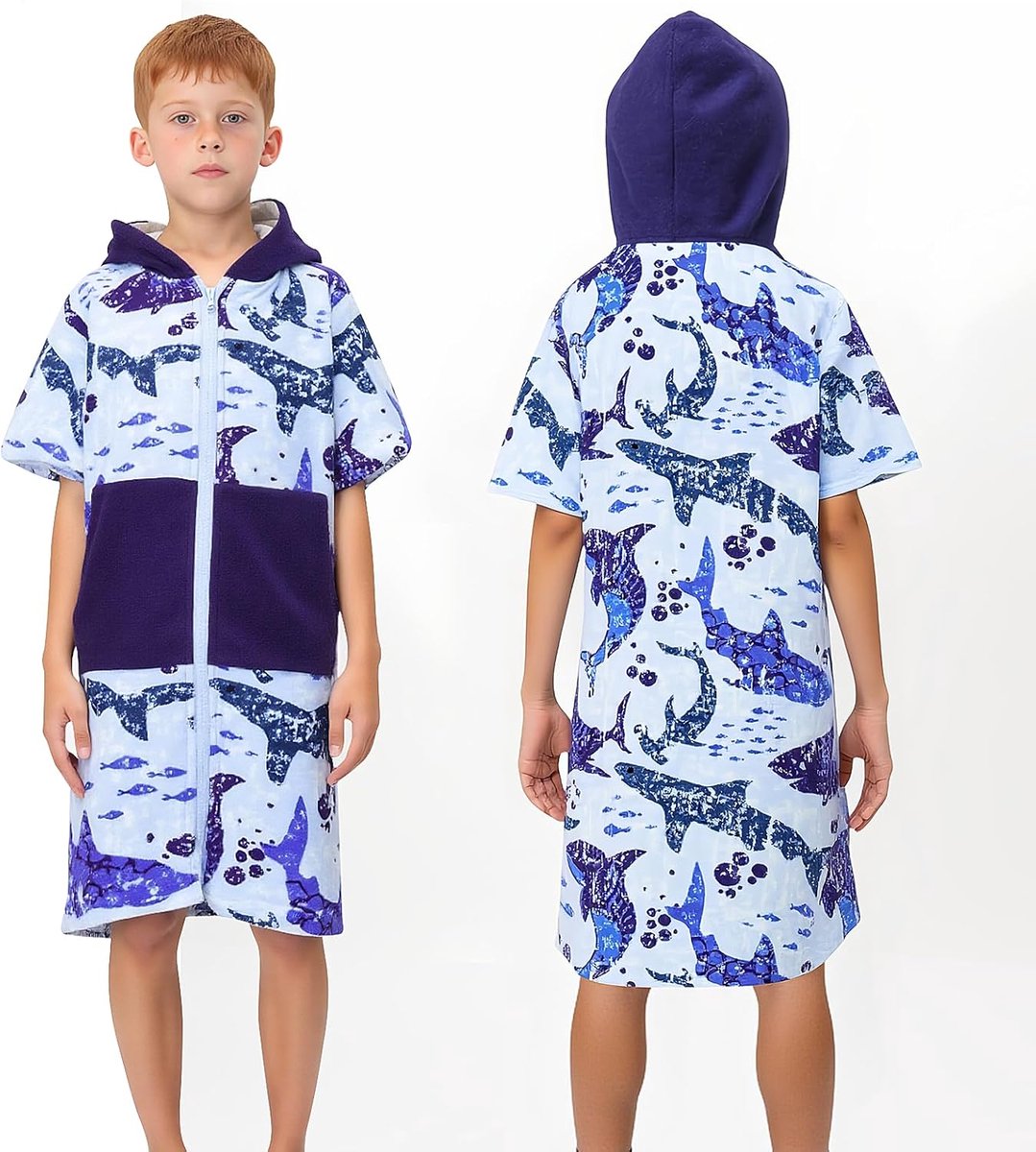 SnelShoppen - Kids Hooded Towel Poncho - 100% Katoen Badjas - Blauw Shark - Voor Kinderen - Ideaal voor Bad, Strand, Zwemmen, Camping