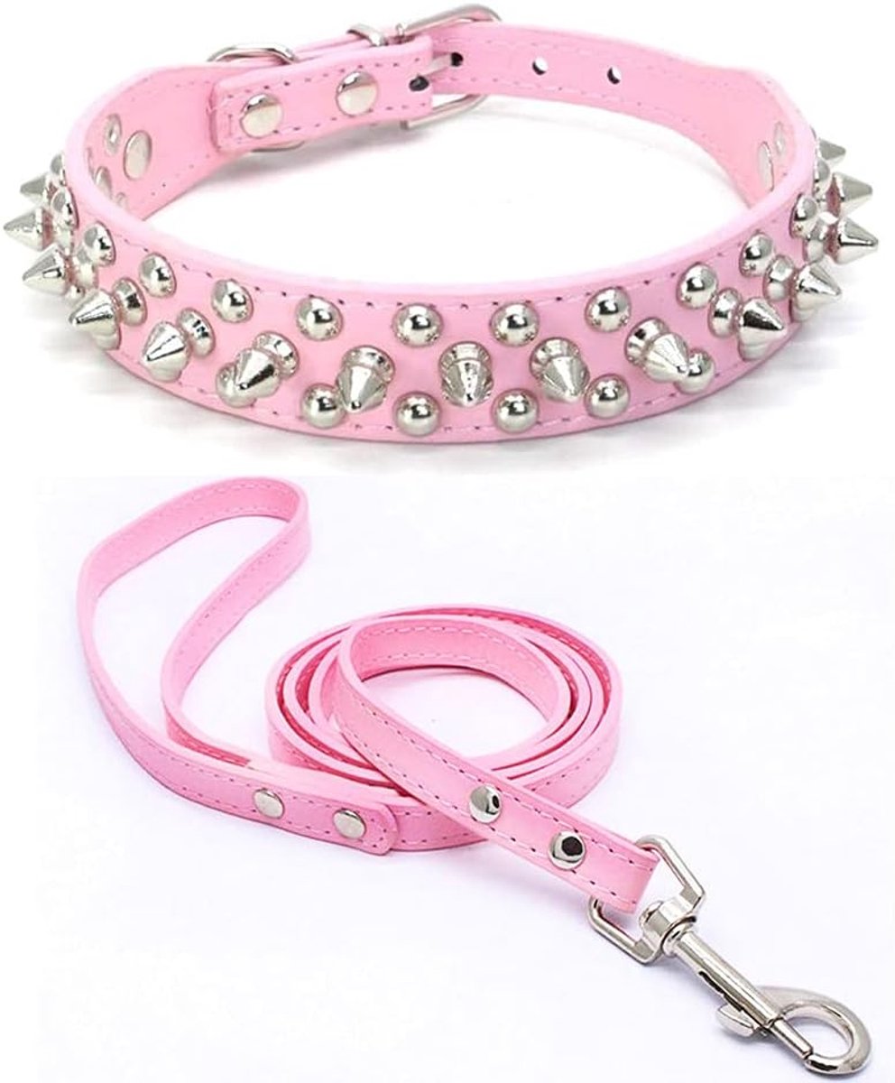 SnelShoppen - Spiked Leather Dog Collar Set - Bullet Nail Rivet Hondenhalsband van Echt Leer - Verstelbaar voor Medium Honden zoals Pitbull en Engelse