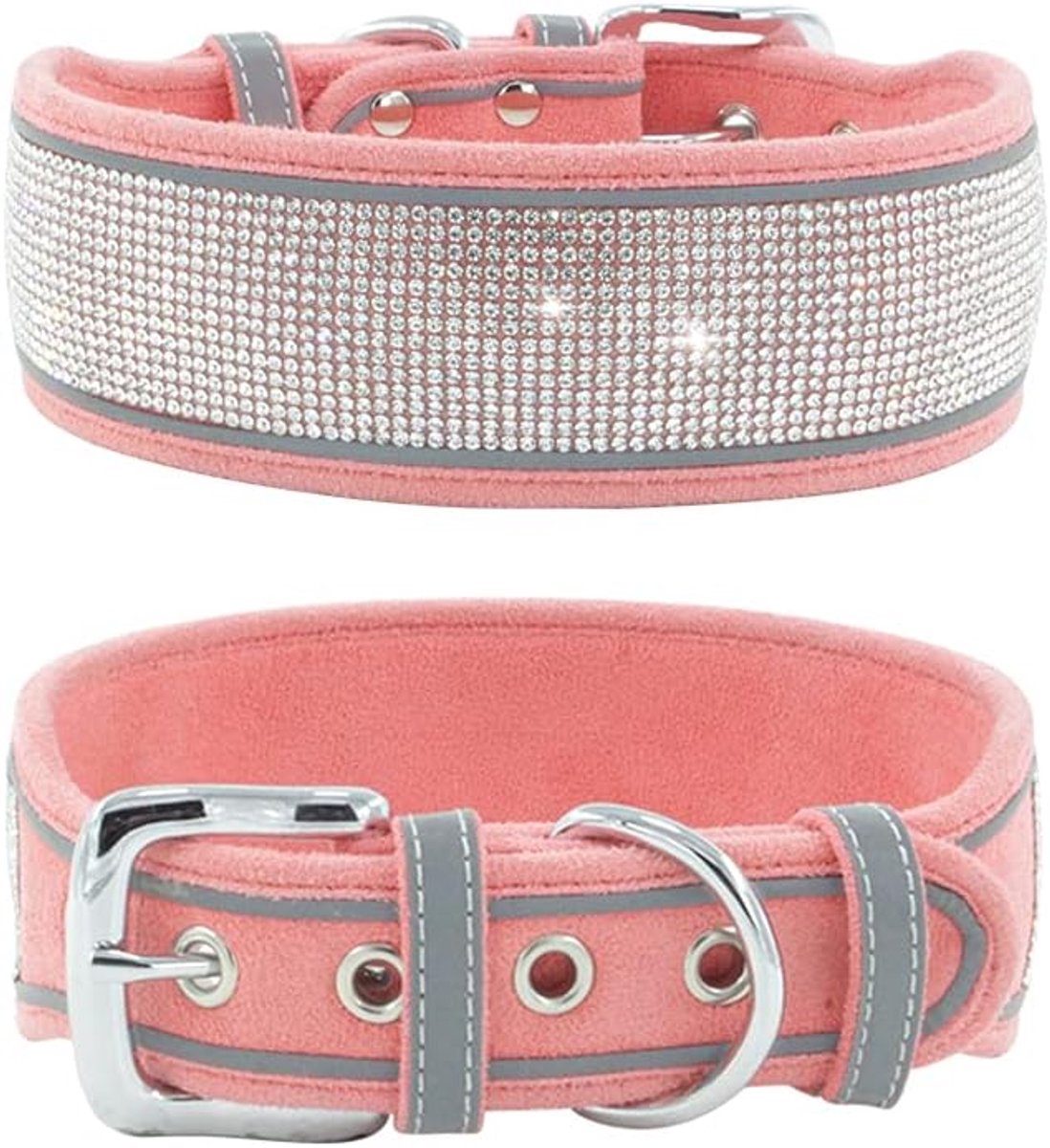 SnelShoppen - Rhinestone Halsband voor Honden - Dazzling Sparkling Suede Reflectief - Grote Maat 15-19 inch - Roze - Bling Diamond Buckle - Verstelbaa