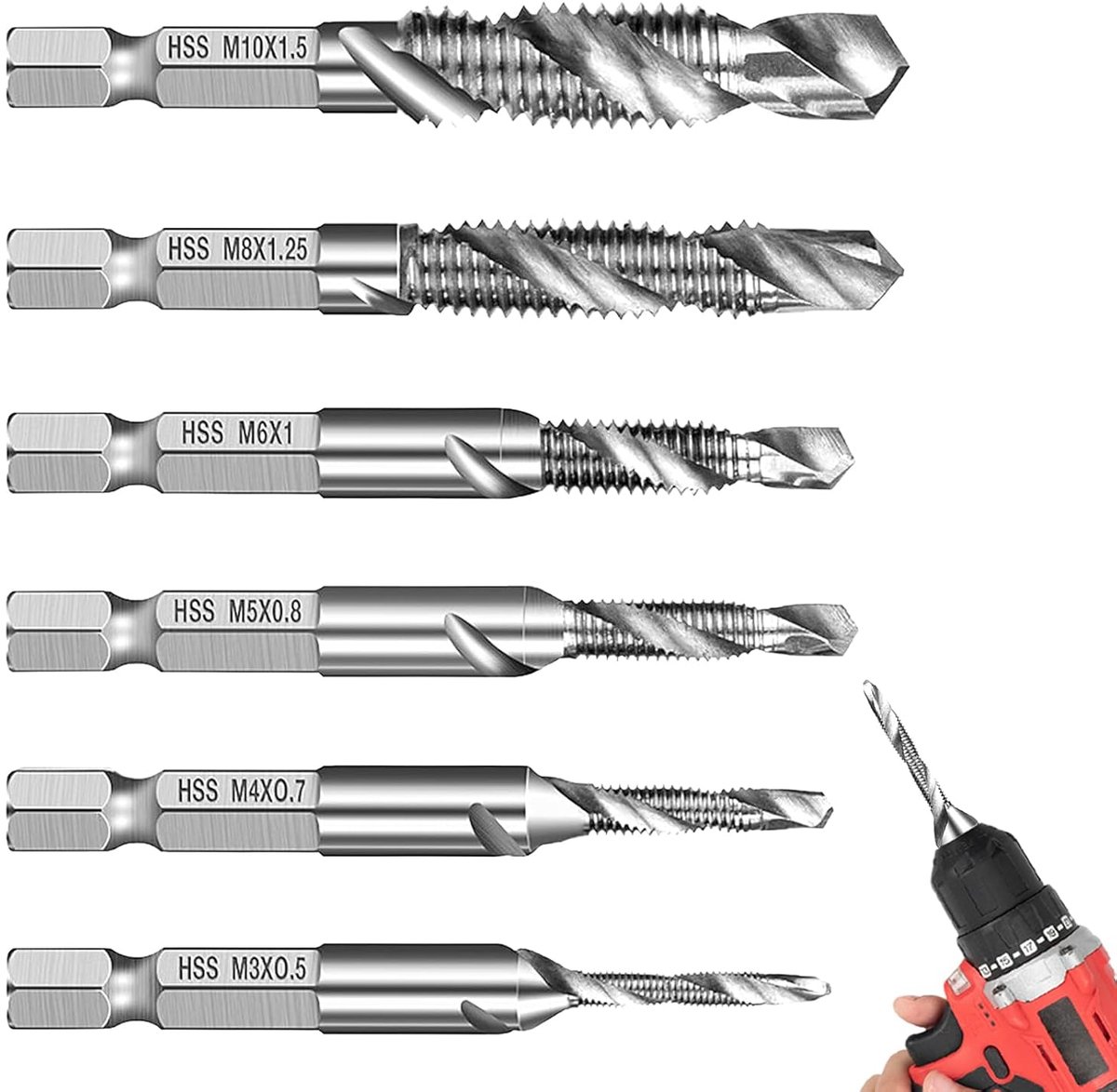SnelShoppen - Pack van 6 Combinatiedrills, Metrische Draadboor Set M3 M4 M5 M6 M8 M10, HSS Titanium Draadboormessen voor Metaal, Hout, Kunststof, Voor