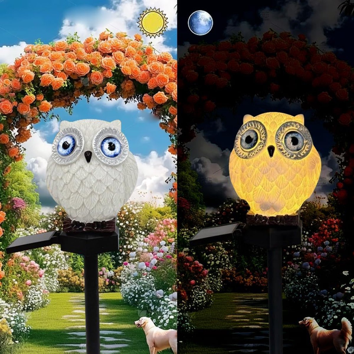 SnelShoppen - Solar Powered Witte Blauwe Ogen Uilen Lampen, Tuin Decoratieve Resin Schattige Dier Grondlamp, Draadloze Dusk tot Dawn LED Warm Licht Wa