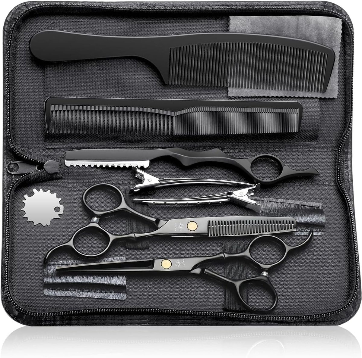 SnelShoppen - Professionele Kappersschaar Set met RVS Haartrimmers en Scharen, 10 Stuks, Zwart, Perfect voor Thuis en Salon Gebruik