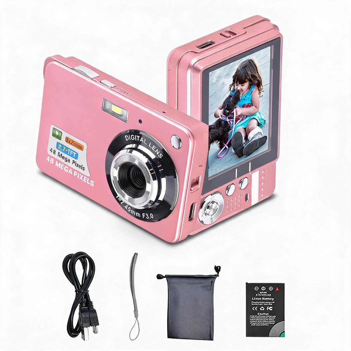 SnelShoppen - Mini Digitale Camera 8x Zoom, 2.7 Inch Scherm, Oplaadbaar, 4K 48MP, Roze Fotocamera voor Kinderen en Studenten, Geweldig Cadeau voor Tie