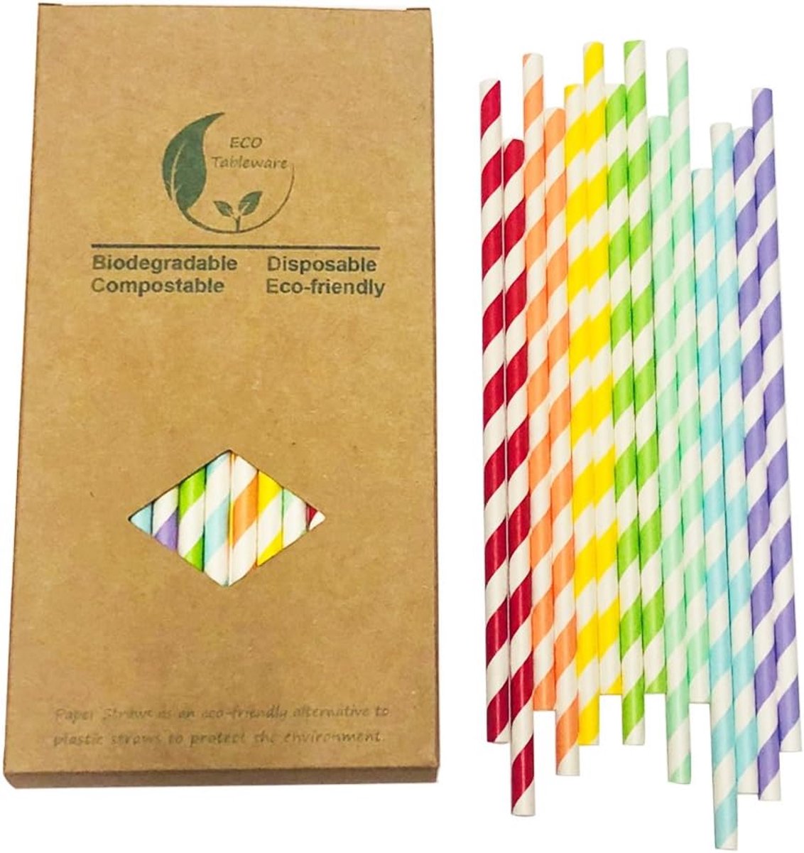 SnelShoppen - 100 Stuks Biodegradable Regenboog en Witte Gestreepte Papieren Rietjes voor Feesten, Eten en Drankjes, Milieuvriendelijk, Kleurvol, Voor