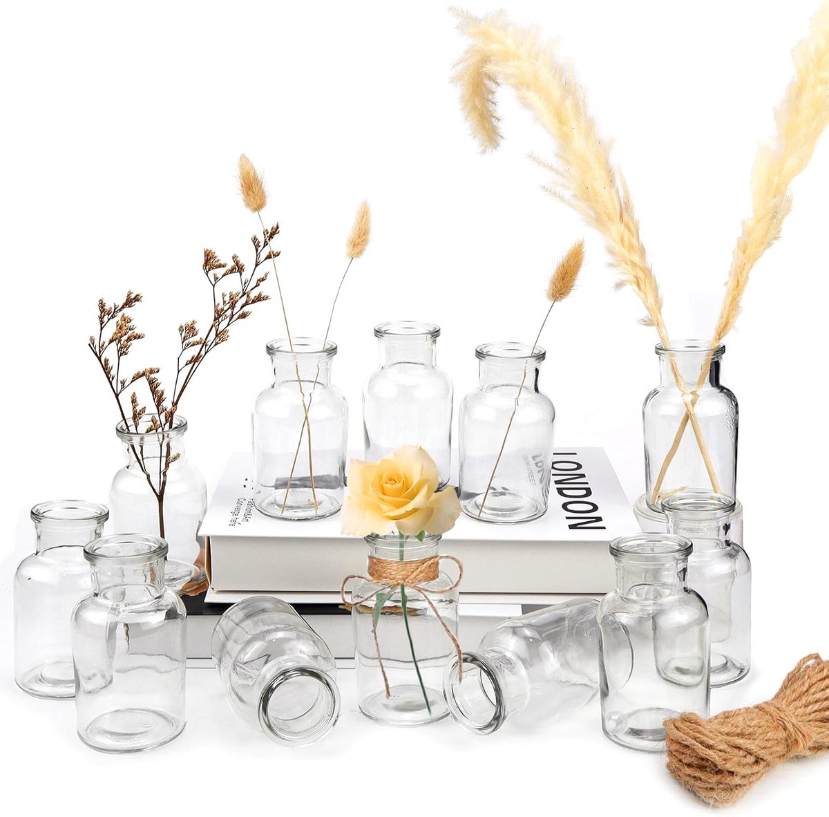 SnelShoppen - 12 kleine glazen vazen voor tafel decoratie, mini vazen voor bruiloften, verjaardagen, feestjes, met waterparels en decoratietouw