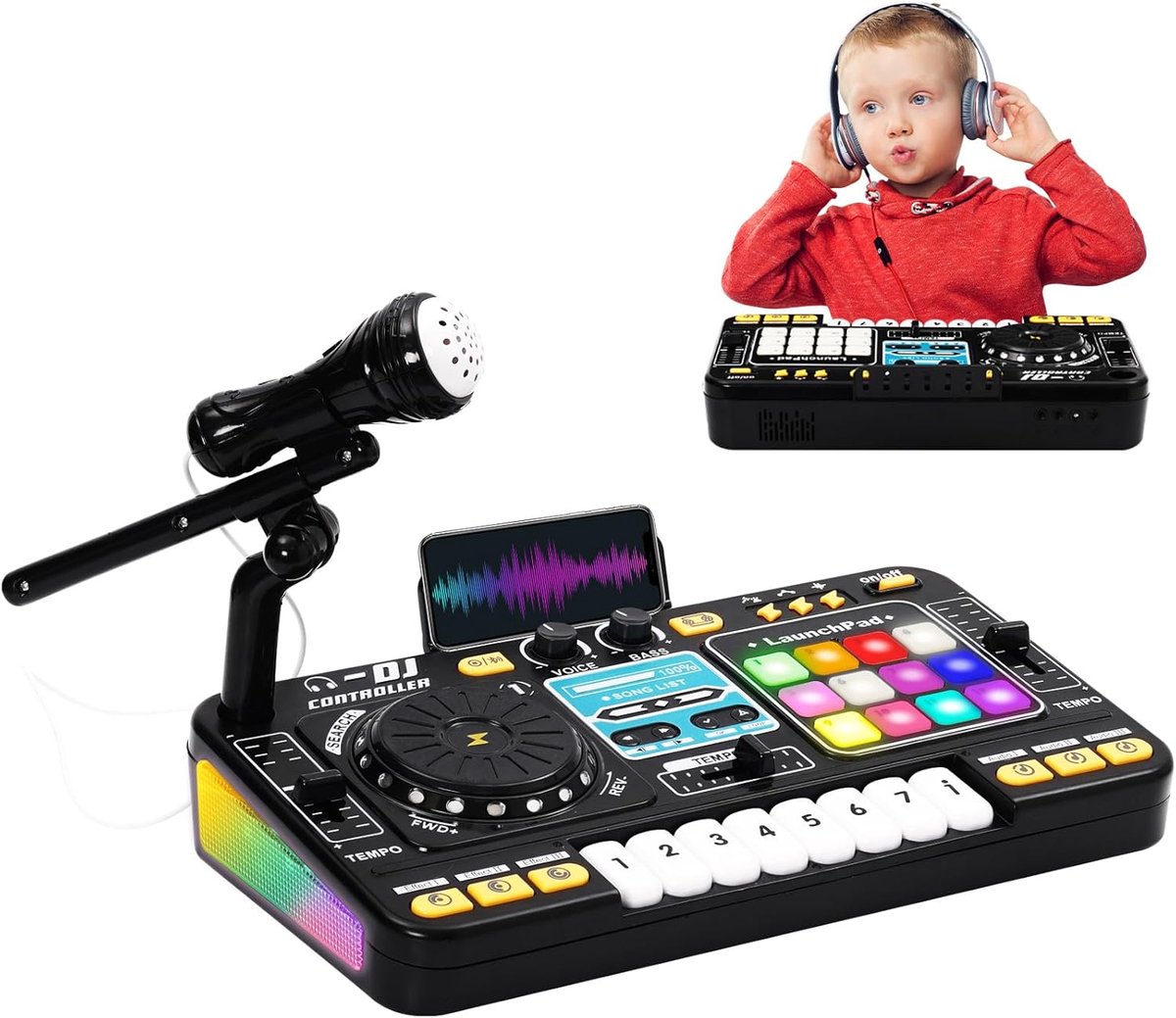SnelShoppen - Kinderen DJ Tafel met Bluetooth en Microfoon, DJ Mixer voor Beginners met Jogwheel, 12 MIDI Tracks en Audio Mixer, Muzikale Instrumenten