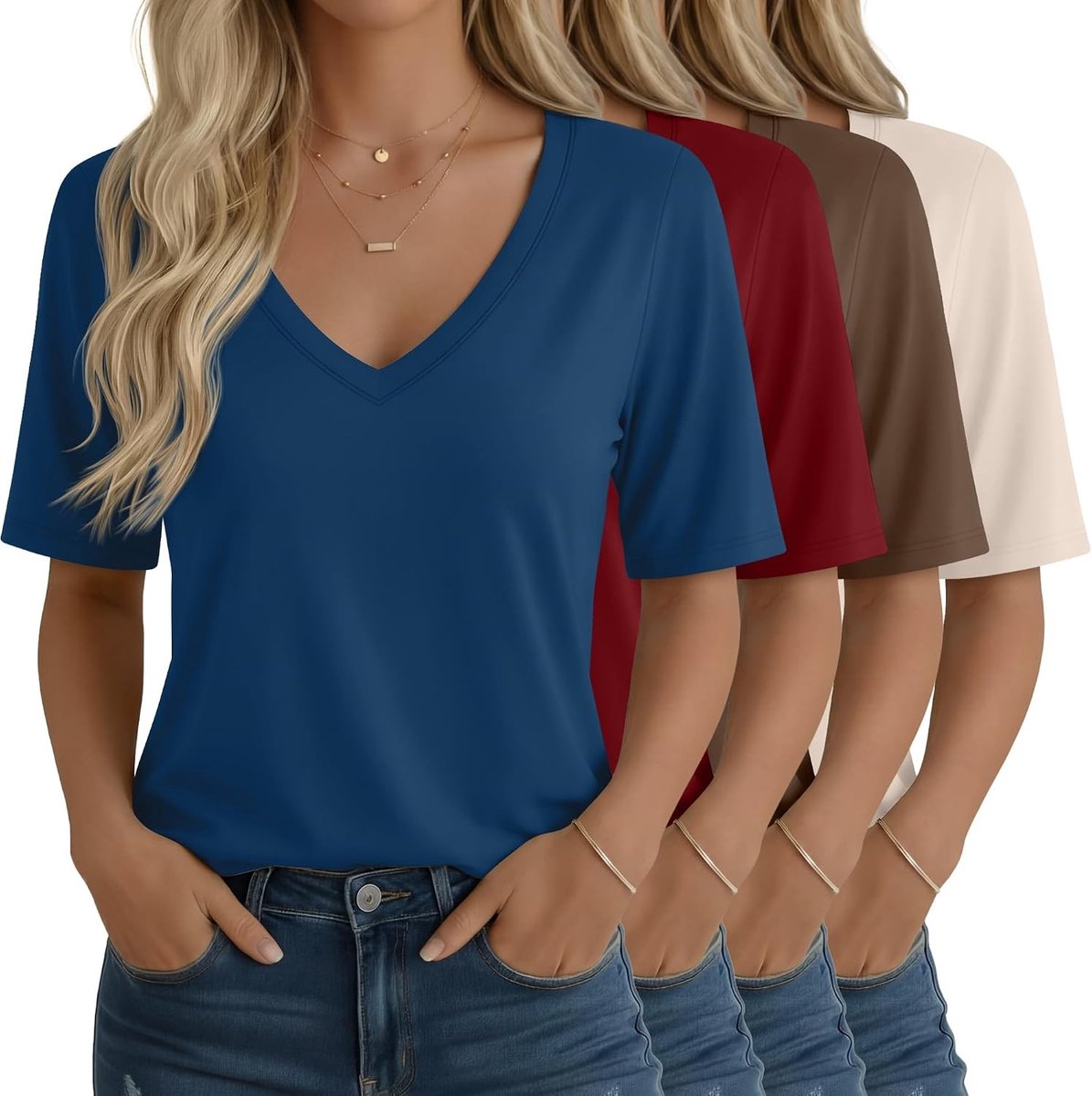4-pack dames halfmouw T-shirts V-hals ellebooglange tops losse pasvorm casual zomershirts voor dagelijks gebruik en comfort