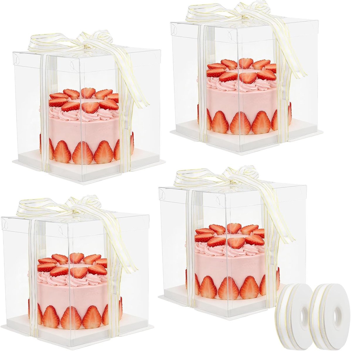 4 Stuks Heldere Taartdozen, 8.5 x 8.5 x 9.4 Inch, Dubbel Laags met Basis en Strik, Ideaal voor Verjaardag, Bruiloft en Feestelijke Gelegenheden