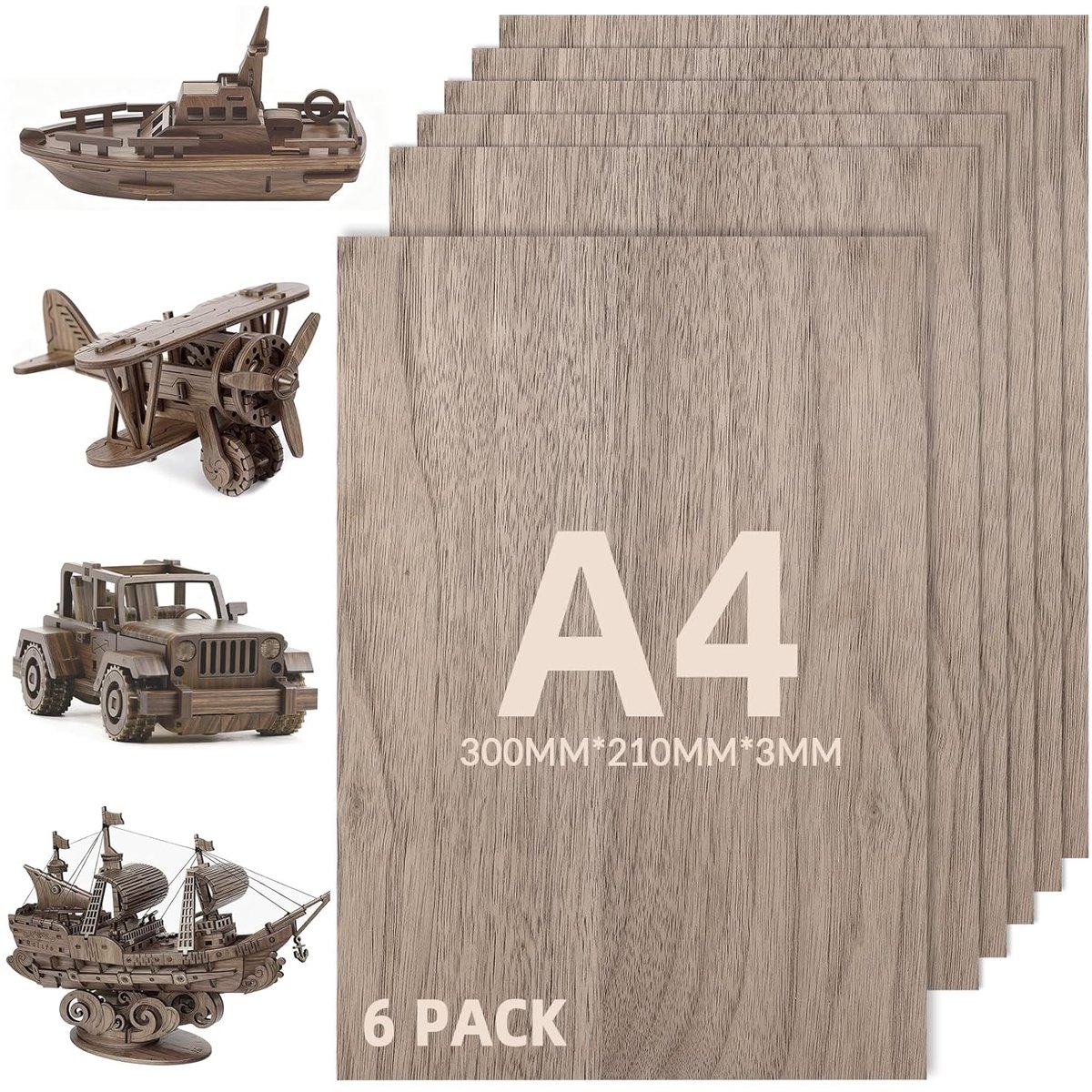 Set van 6 multiplexplaten 3 mm A4 300 x 210 mm, notenhouten panelen voor knutselen, modelbouw en lasergraveren, hoogwaardige houten platen voor creatief gebruik