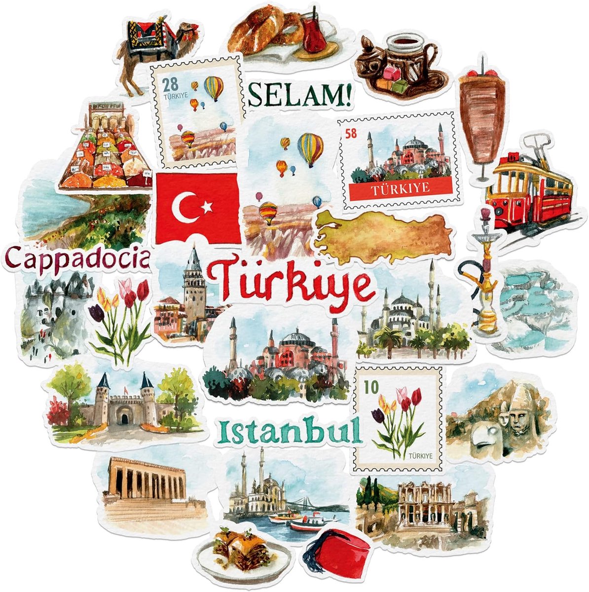 SnelShoppen - Navy Peony Enchanting Türkiye Reis Stickers (31 Stuks) - Watercolor Turkse Decals voor Journals, Scrapbooks, Waterflessen, Koffers