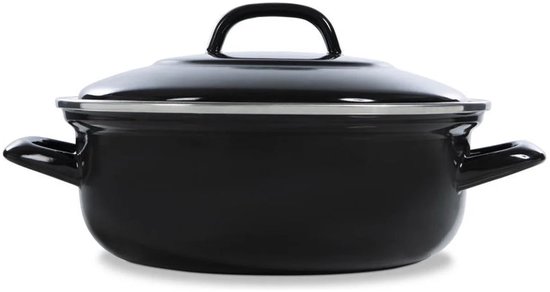 Zwarte emaille braadpan met deksel, zilverkleurige rand en handvatten.