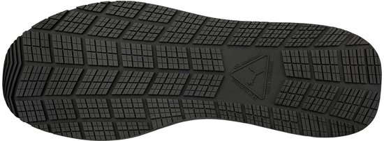 Zwarte PUMA werkschoen zool met een rasterpatroon voor antislip grip.