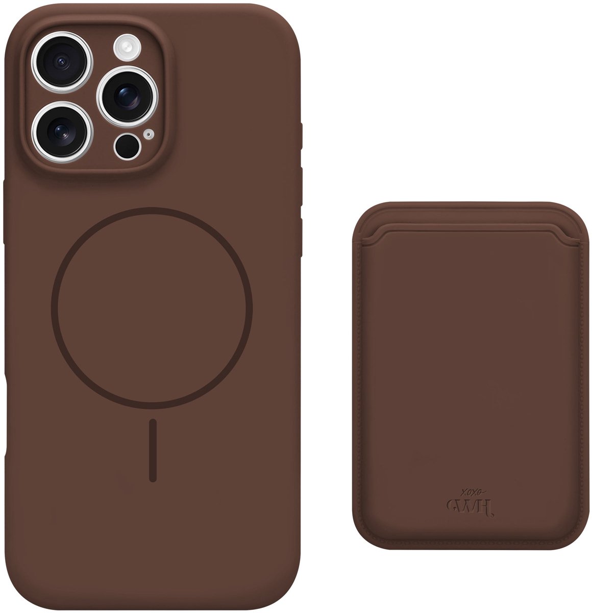 xoxo Wildhearts siliconen hoesje met magnetische kaarthouder (bruin) - Geschikt voor iPhone 16 Pro MagSafe - Silicone case met wallet - ruimte voor pasjes - pasjeshouder - shockproof telefoonhoesje