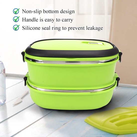 Geïsoleerde Lunchbox - Voedselcontainer Warmhoud - Picknick Buiten - 3 Lagen Roestvrijstaal - 2 Niveaus - Groen — afbeelding 2