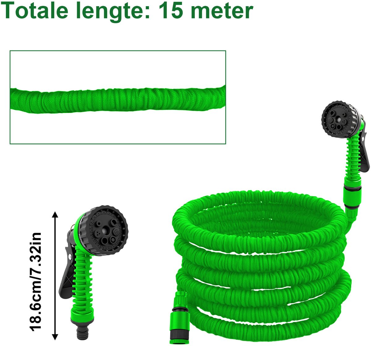 Uitschuifbare Tuinslang / Flexibele Slang – 15 meter (50FT) – Groen – 0,4 MPa werkdruk – Licht, knoopvrij & zelfoprollend – Voor tuin, auto, terras & planten – Incl. handleiding thumbnail 2