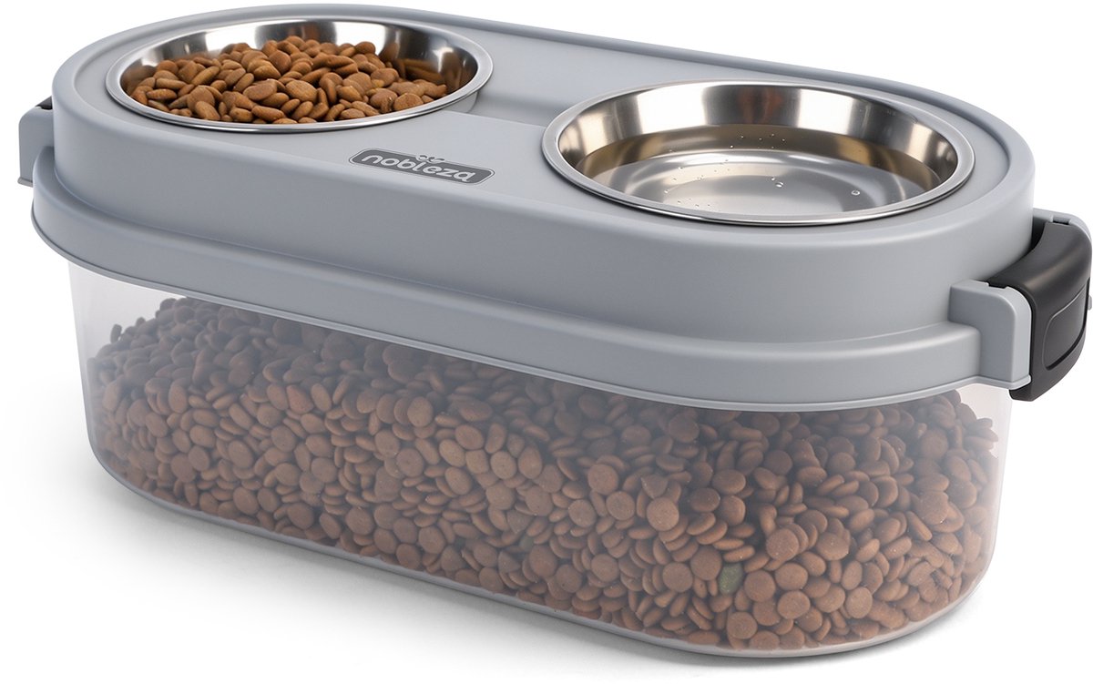 Nobleza Hondenvoerbak Verhoogd met Opslag 5L - 2-in-1 Voerstation met 2x 400 ml RVS Voerbakken - Luchtdichte Voedselcontainer voor Kleine en Middelgrote Honden - Grijs