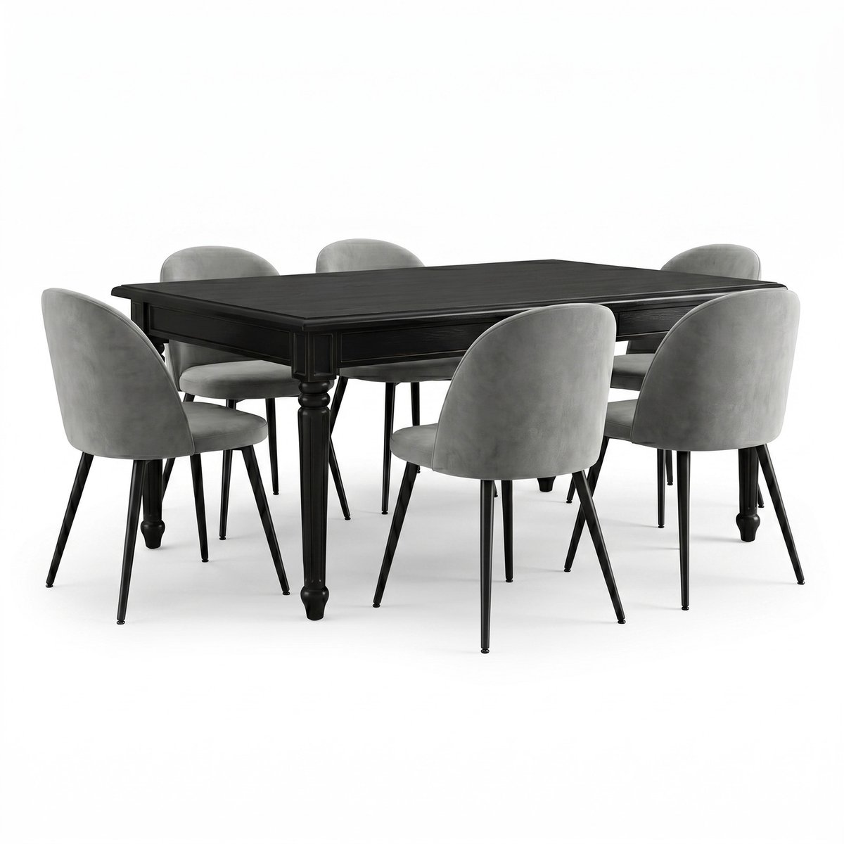 Amaretta eethoek tafel zwart 6 stoelen velours grijs.