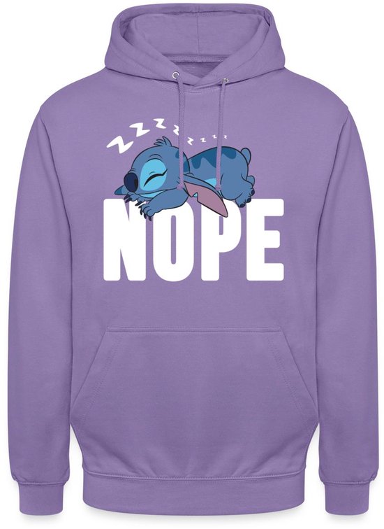Paarse hoodie met slapende Stitch en tekst "NOPE".