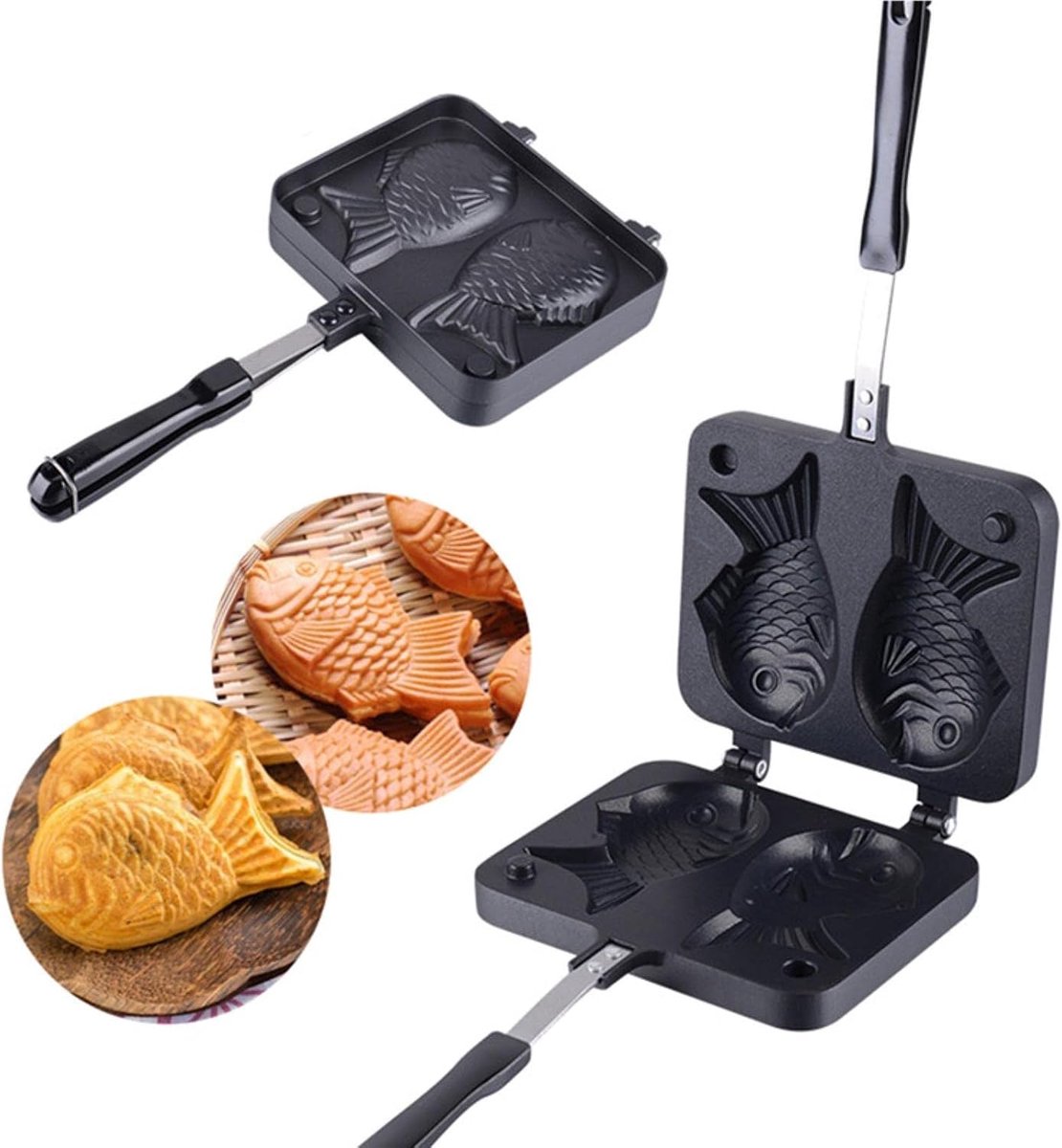 Wafel Pan Maker - Pannenkoekvorm Vis - Kleine Gebakjes Maken - Dubbelzijdig Non-stick - 34.7 cm Lengte - Zwart