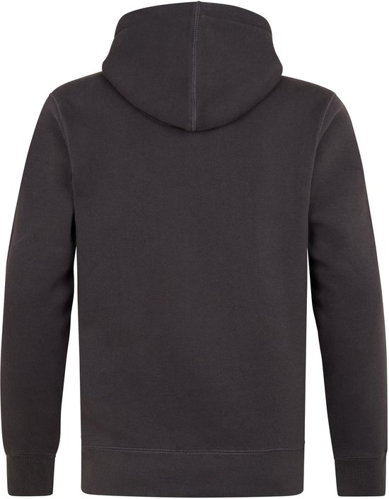 Achterkant van donkere hoodie, effen.