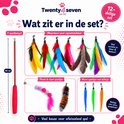 Inhoud 12-delige set: 46cm rode hengel, 7 veren, 3 pluche, 3 wormen met belletjes.