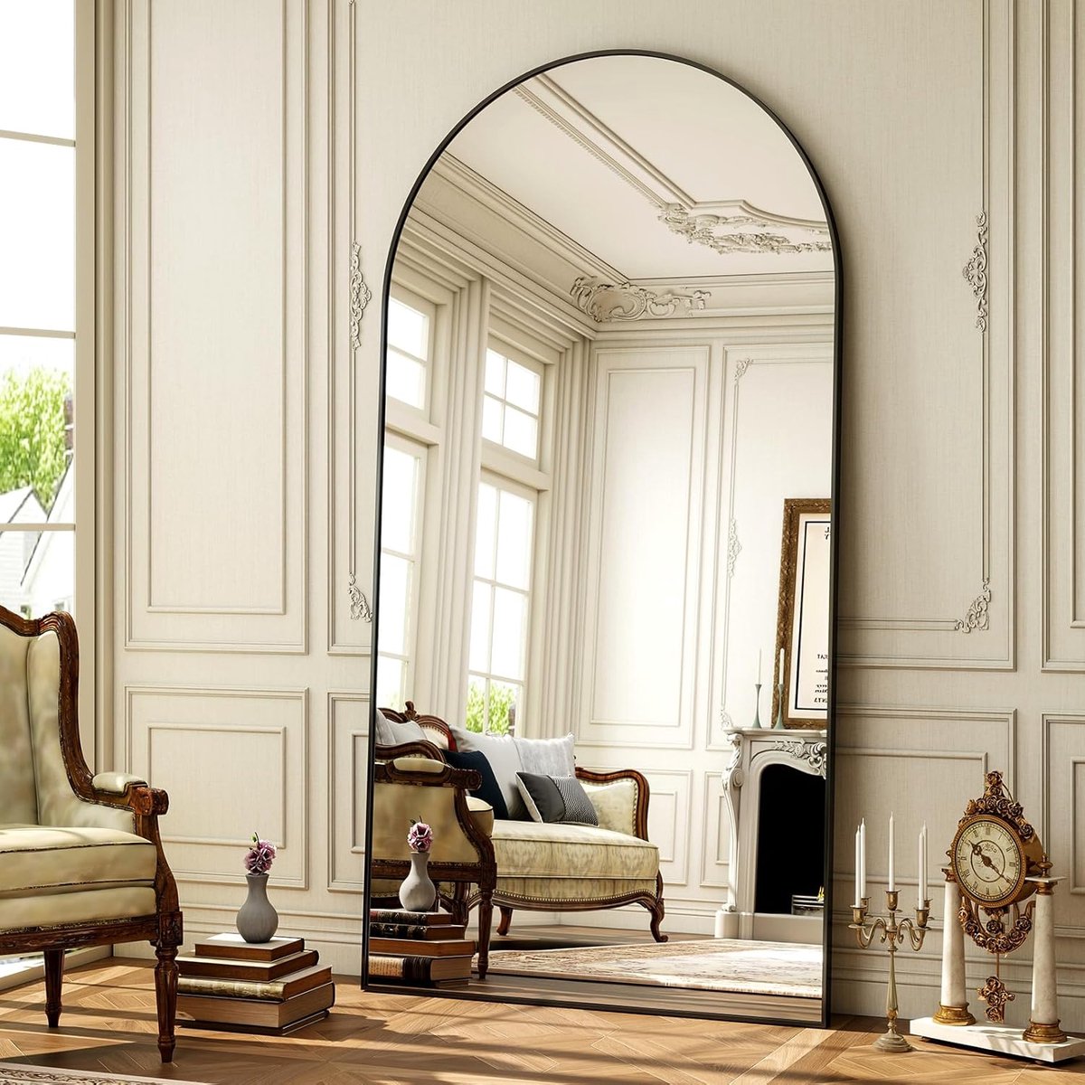 Passpiegel Boogspiegel Zwart – Vrijstaande & Wandspiegel – Full Body Spiegel met Metalen Frame – Moderne Passpiegel voor Slaapkamer, Hal en Kleedkamer – 76 x 171 cm
