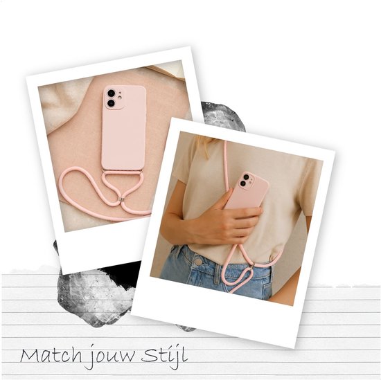 Roze telefoonhoesje met koord, in handen van een vrouw.