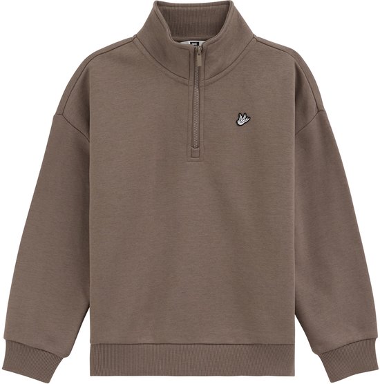 Bruine sweater met ritskraag, lange mouwen en geborduurde vogel op de borst.