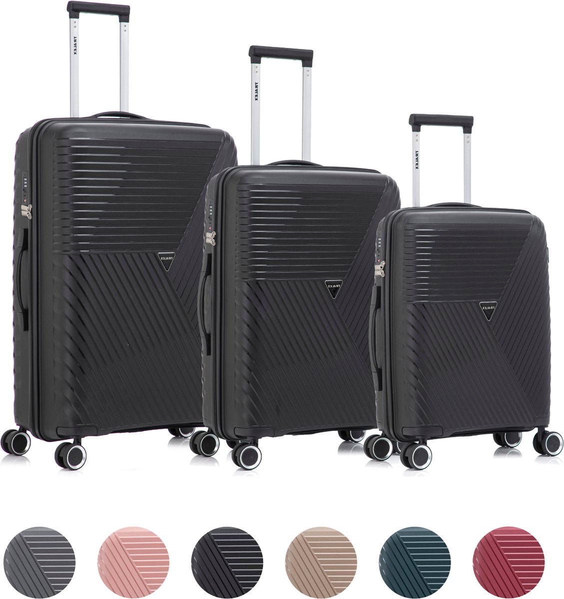TRALEX - Voyager - 3 Delig kofferset - Handbagage 42L - Medium koffer 67L & Grote koffer 97L - Polypropyleen - Harde schaal - TSA-slot - Lichtgewicht - Flexibel - Duurzaam - Stille (rubberen) wielen - Dubbele spinnerwielen - Midnight Black