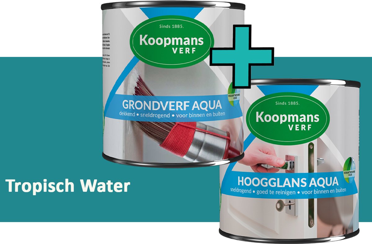 Koopmans Grondverf Aqua en Hoogglans Aqua Verfset - Binnen en Buiten - Tropisch Water - 2x 1,5 l